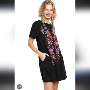 Umgee Black Mini Dress with Colorful Floral Embroidery_Med
